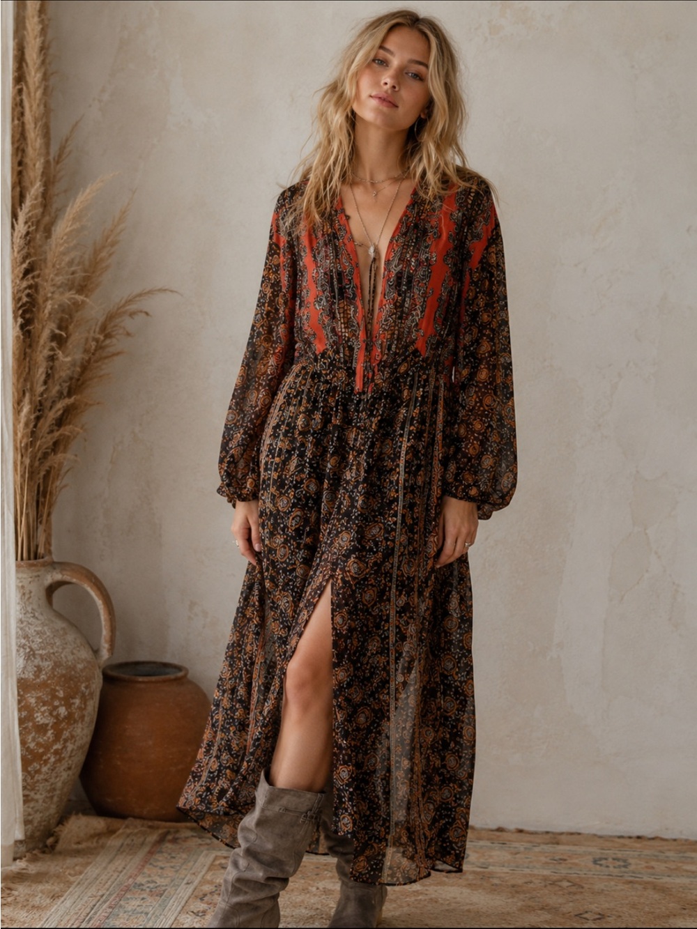 Free People Black and Rust Floral Boho Midi Dress